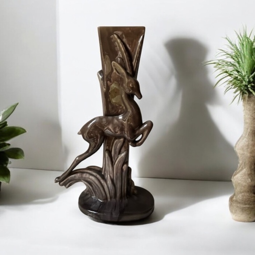 MCM Vintage ROYAL HAEGER Art Deco GAZELLE Vase Brown 15 Inches Tall